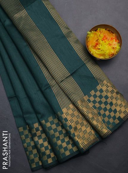 Semi dupion saree bottle green with plain body and zari woven checked border