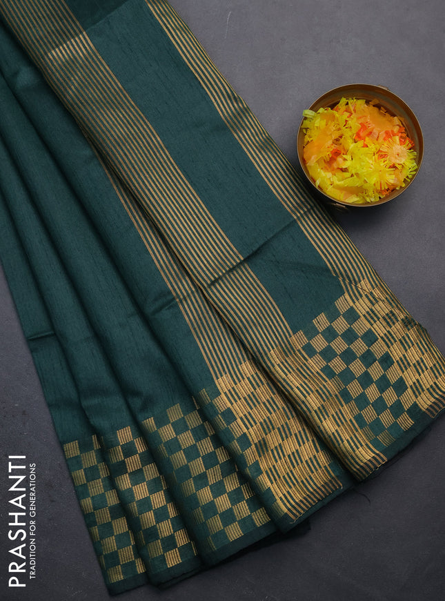 Semi dupion saree bottle green with plain body and zari woven checked border
