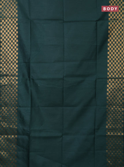 Semi dupion saree bottle green with plain body and zari woven checked border