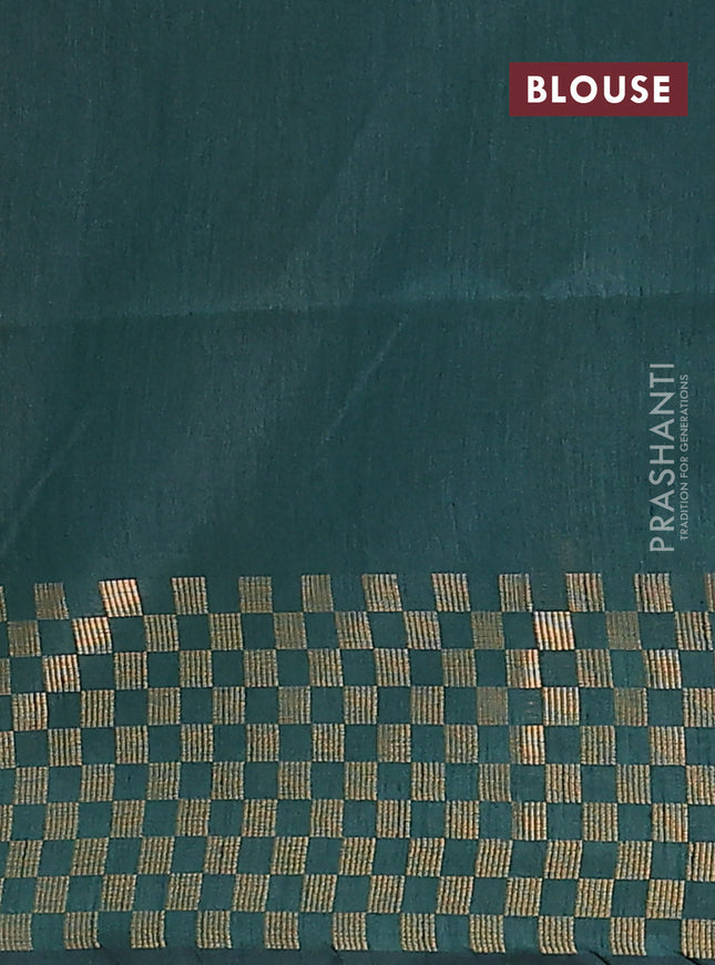 Semi dupion saree bottle green with plain body and zari woven checked border