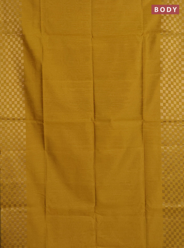 Semi dupion saree mustard yellow and pink with plain body and zari woven checked border
