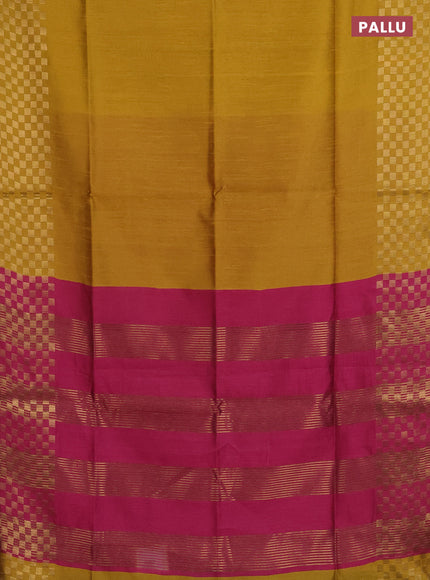 Semi dupion saree mustard yellow and pink with plain body and zari woven checked border