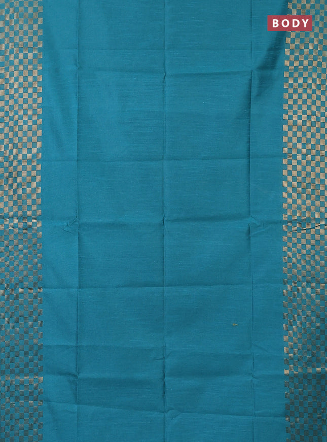 Semi dupion saree teal blue and blue with plain body and zari woven checked border