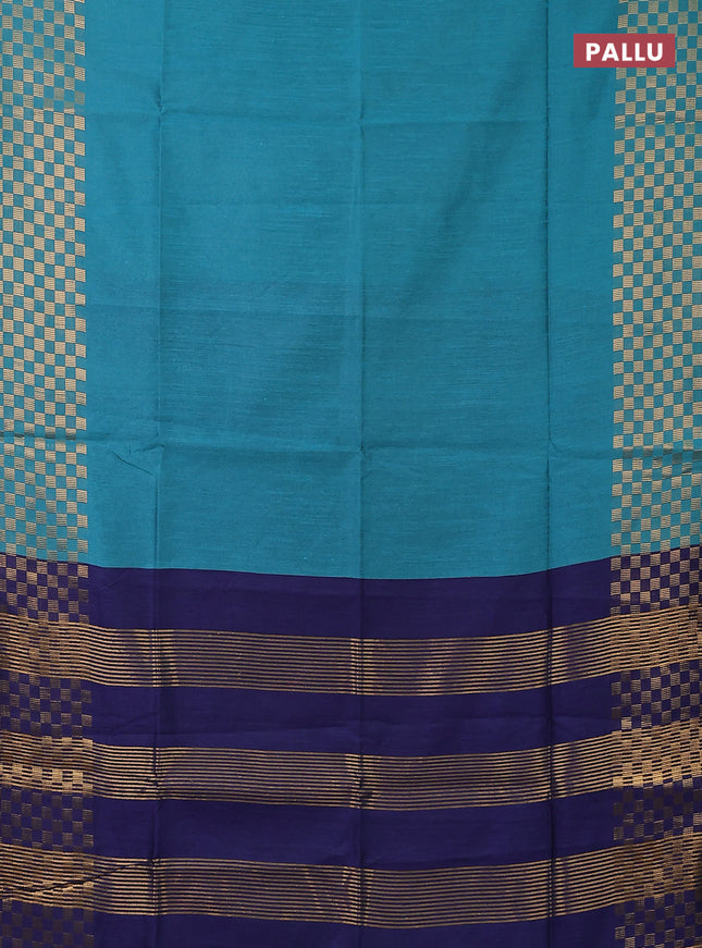 Semi dupion saree teal blue and blue with plain body and zari woven checked border
