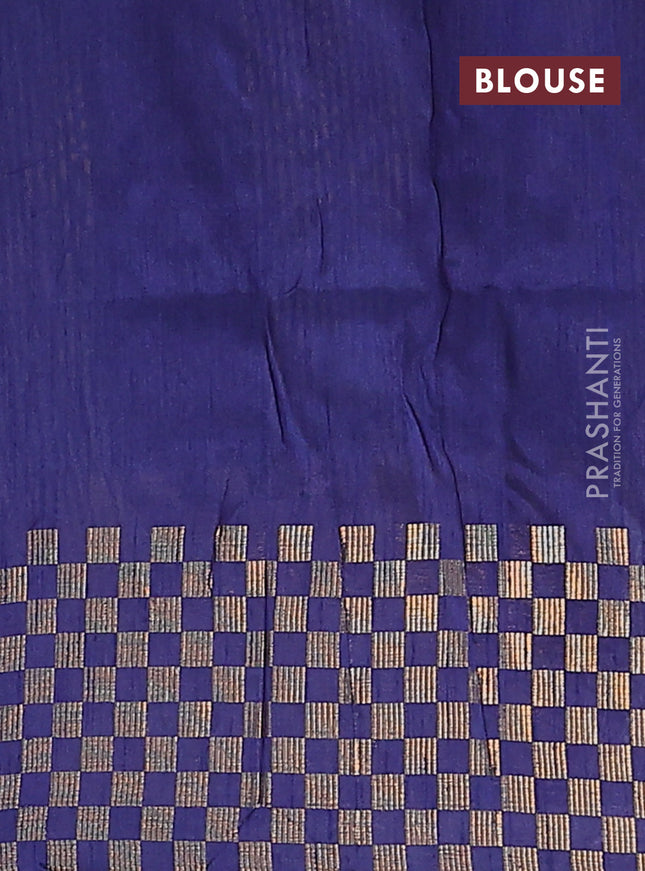 Semi dupion saree teal blue and blue with plain body and zari woven checked border