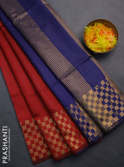 Semi dupion saree kumkum red and navy blue with plain body and zari woven checked border