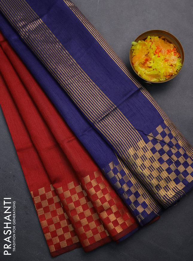 Semi dupion saree kumkum red and navy blue with plain body and zari woven checked border