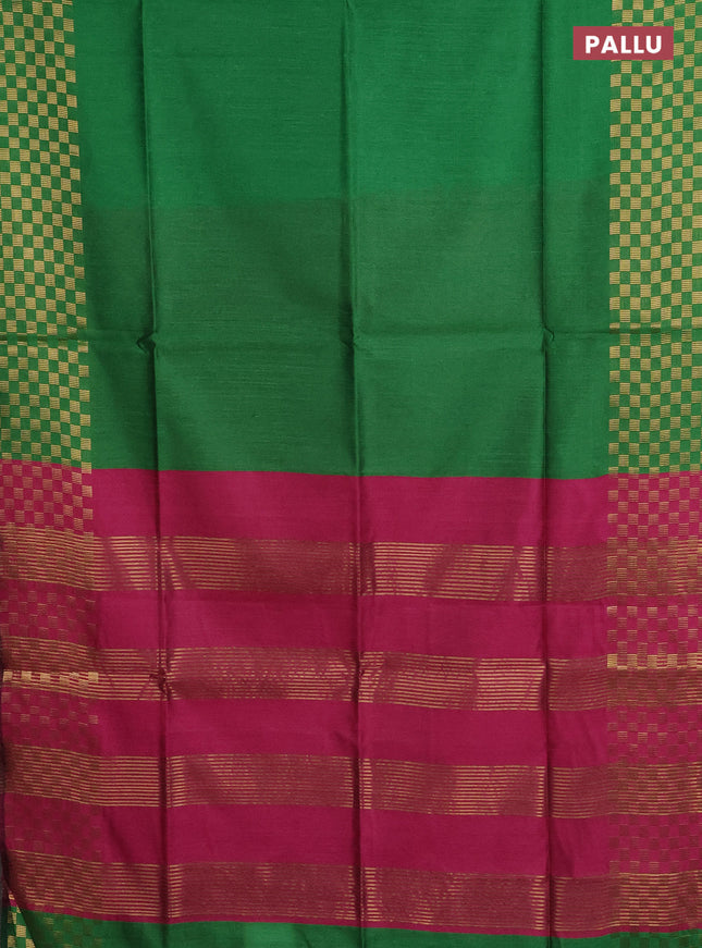 Semi dupion saree green and pink with plain body and zari woven checked border