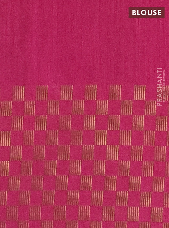 Semi dupion saree green and pink with plain body and zari woven checked border