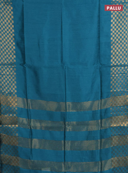 Semi dupion saree teal blue with plain body and zari woven checked border