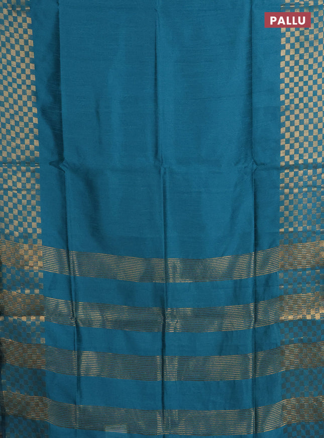 Semi dupion saree teal blue with plain body and zari woven checked border