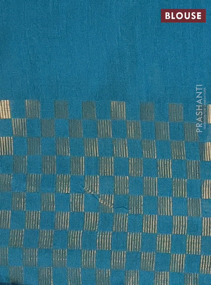 Semi dupion saree teal blue with plain body and zari woven checked border