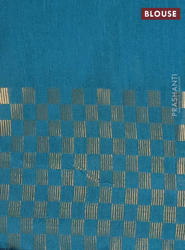 Semi dupion saree teal blue with plain body and zari woven checked border