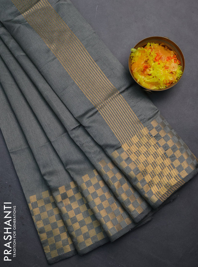 Semi dupion saree grey with plain body and zari woven checked border