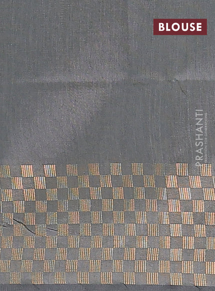Semi dupion saree grey with plain body and zari woven checked border