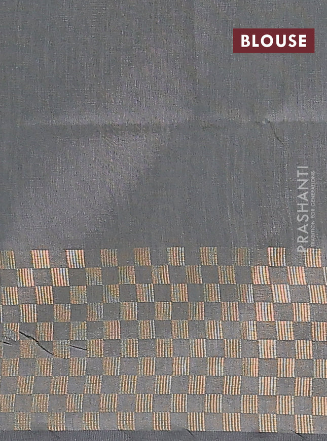Semi dupion saree grey with plain body and zari woven checked border