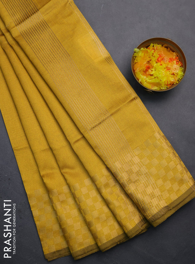 Semi dupion saree mustard yellow with plain body and zari woven checked border