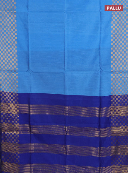 Semi dupion saree light blue and blue with plain body and zari woven checked border