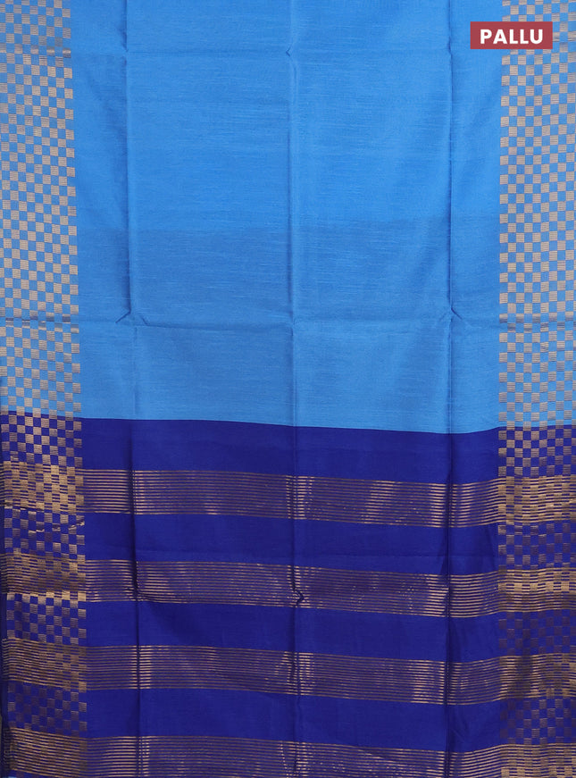 Semi dupion saree light blue and blue with plain body and zari woven checked border