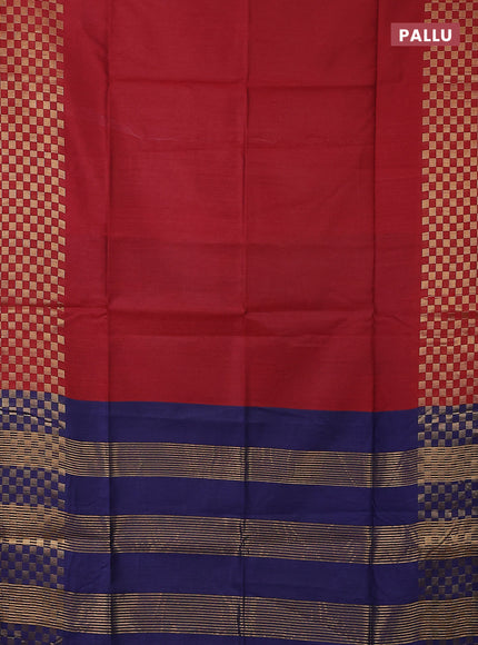 Semi dupion saree kumkum red and navy blue with plain body and zari woven checked border