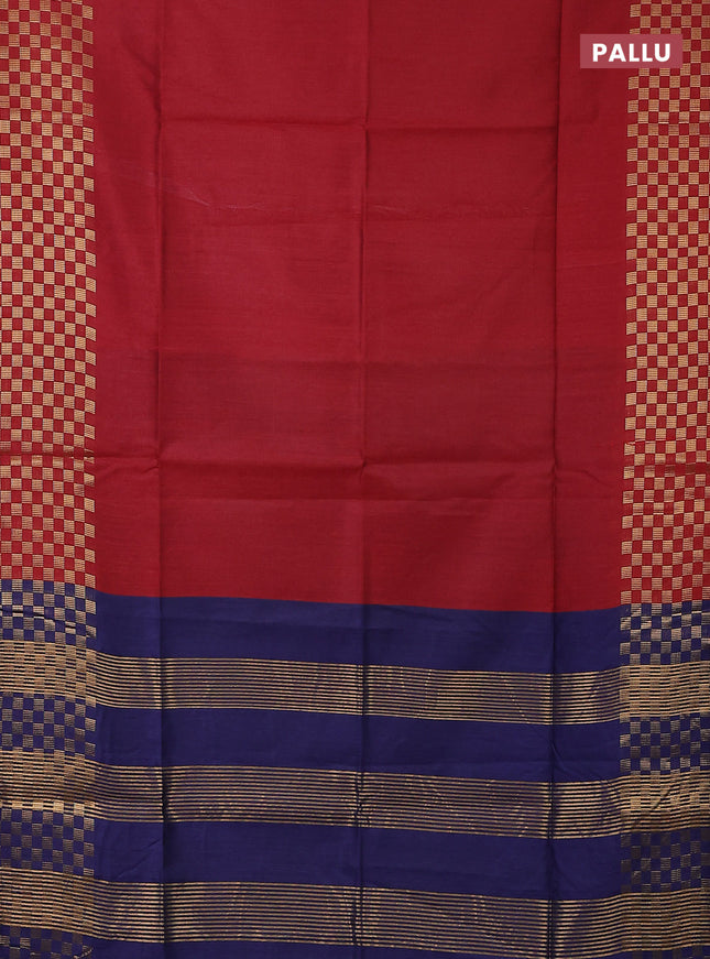 Semi dupion saree kumkum red and navy blue with plain body and zari woven checked border