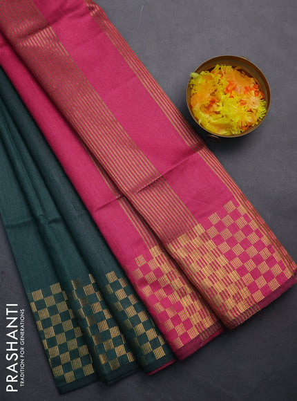 Semi dupion saree bottle green and pink with plain body and zari woven checked border