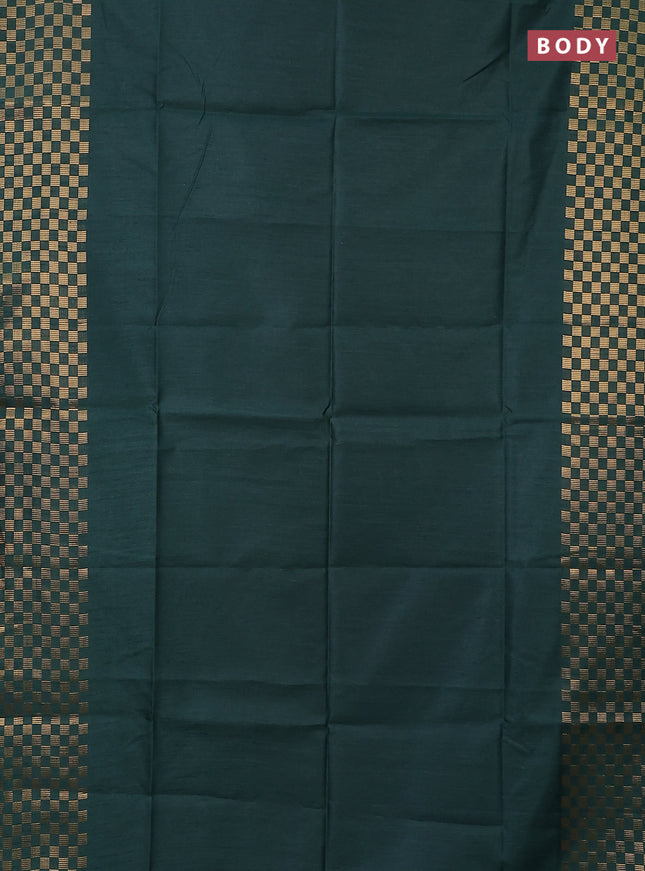 Semi dupion saree bottle green and pink with plain body and zari woven checked border