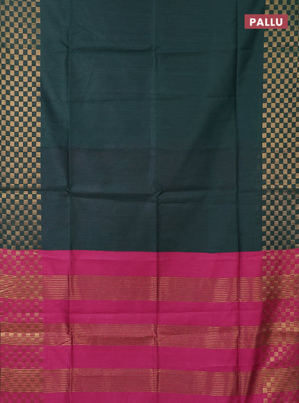 Semi dupion saree bottle green and pink with plain body and zari woven checked border