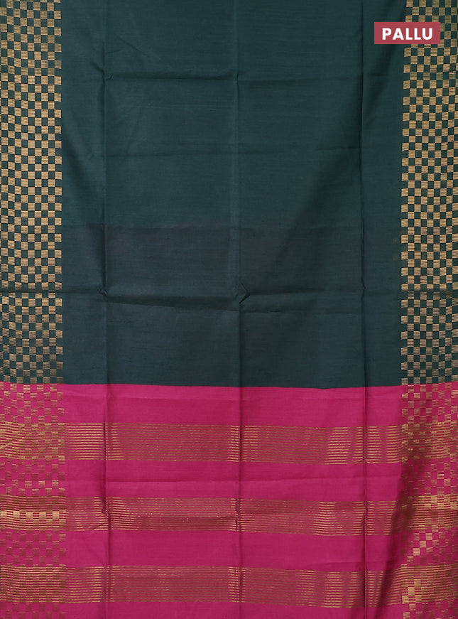 Semi dupion saree bottle green and pink with plain body and zari woven checked border