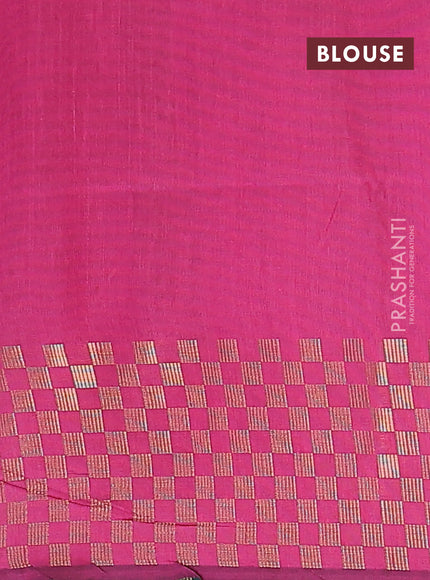 Semi dupion saree bottle green and pink with plain body and zari woven checked border