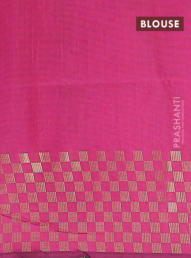 Semi dupion saree bottle green and pink with plain body and zari woven checked border