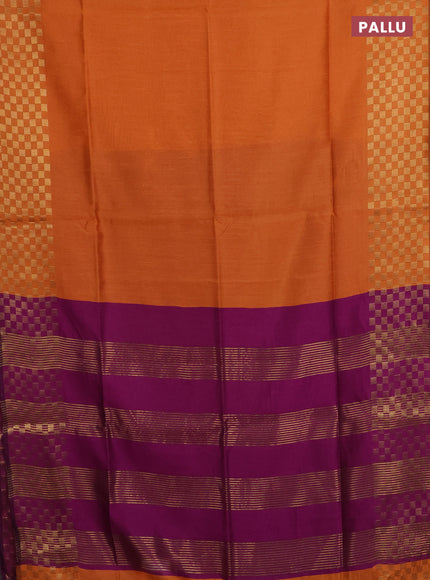 Semi dupion saree orange and purple with plain body and zari woven checked border