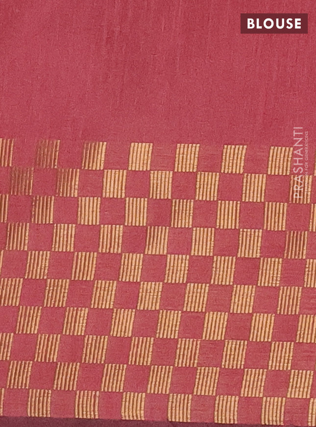 Semi dupion saree peach pink shade with plain body and zari woven checked border