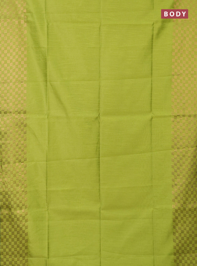 Semi dupion saree fluorescent green with plain body and zari woven checked border