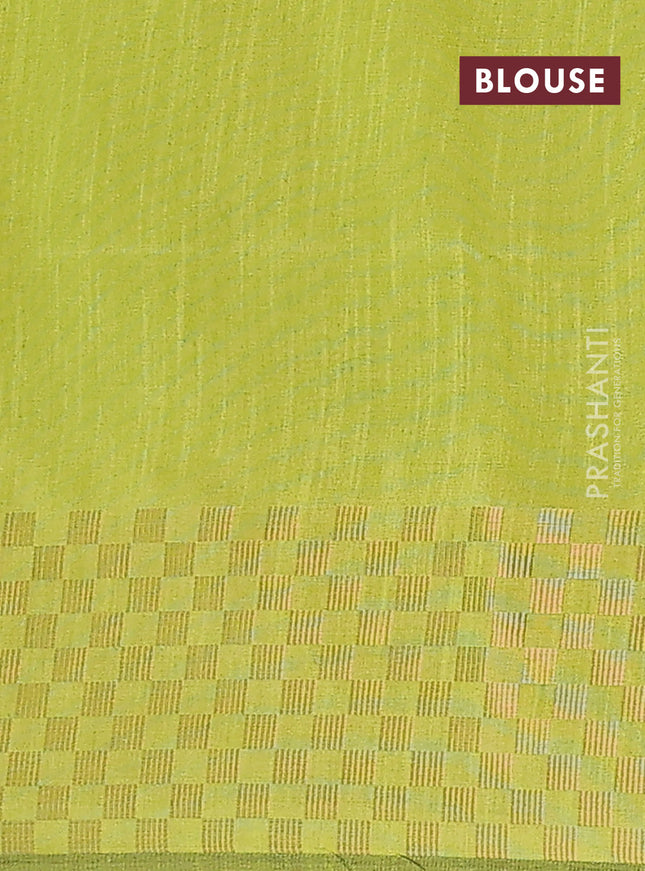 Semi dupion saree fluorescent green with plain body and zari woven checked border