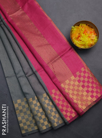 Semi dupion saree grey and pink with plain body and zari woven checked border