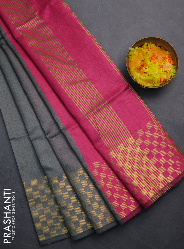 Semi dupion saree grey and pink with plain body and zari woven checked border