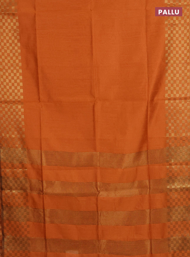 Semi dupion saree orange with plain body and zari woven checked border