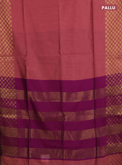 Semi dupion saree peach shade and purple with plain body and zari woven checked border