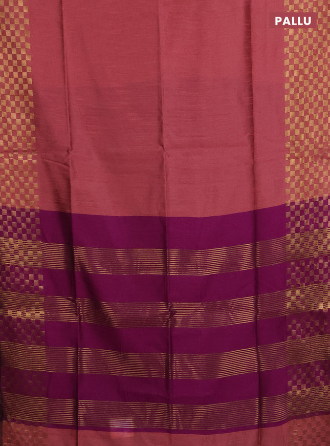 Semi dupion saree peach shade and purple with plain body and zari woven checked border
