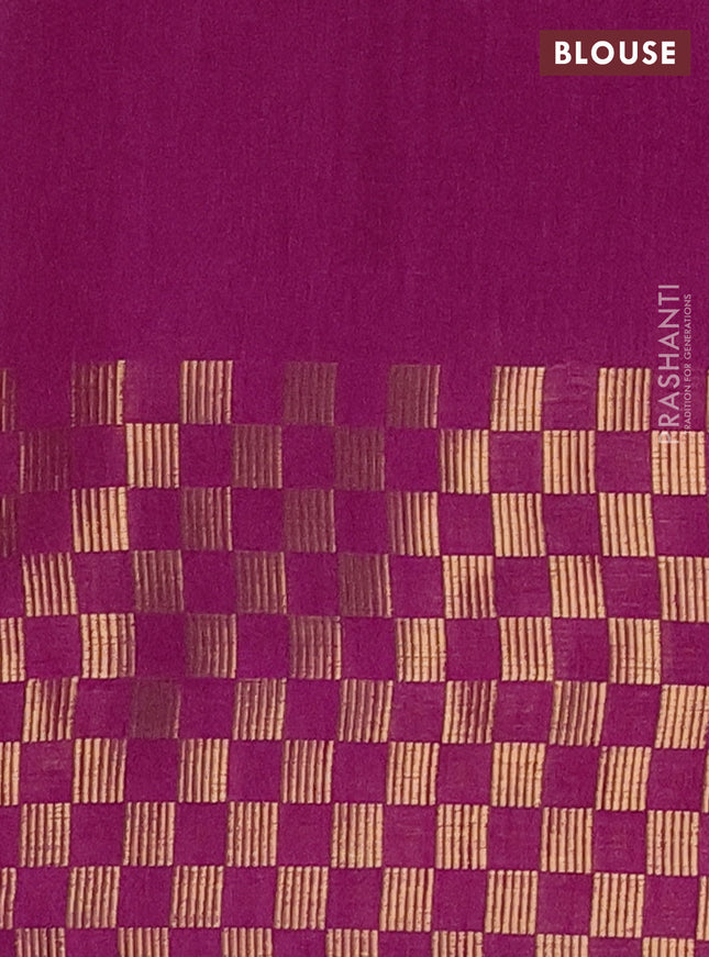 Semi dupion saree peach shade and purple with plain body and zari woven checked border