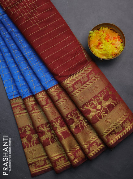 Semi dupion saree blue and maroon with allover zari checked pattern and long zari woven border
