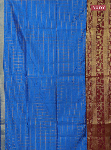 Semi dupion saree blue and maroon with allover zari checked pattern and long zari woven border