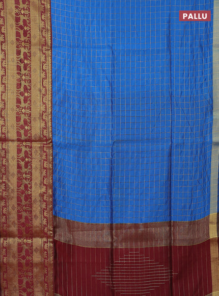 Semi dupion saree blue and maroon with allover zari checked pattern and long zari woven border