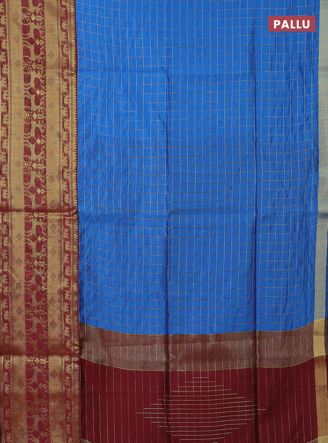 Semi dupion saree blue and maroon with allover zari checked pattern and long zari woven border