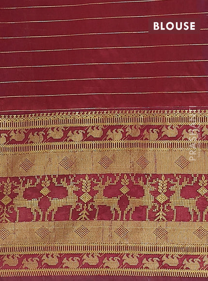 Semi dupion saree blue and maroon with allover zari checked pattern and long zari woven border