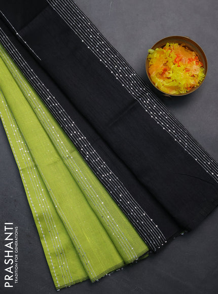 Semi dupion saree fluorescent green and black with allover thread & sequin weaves and sequin work pallu