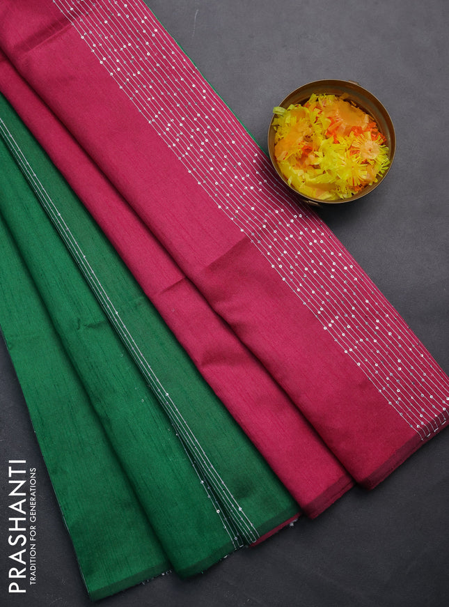 Semi dupion saree green and pink with allover thread & sequin weaves and sequin work pallu