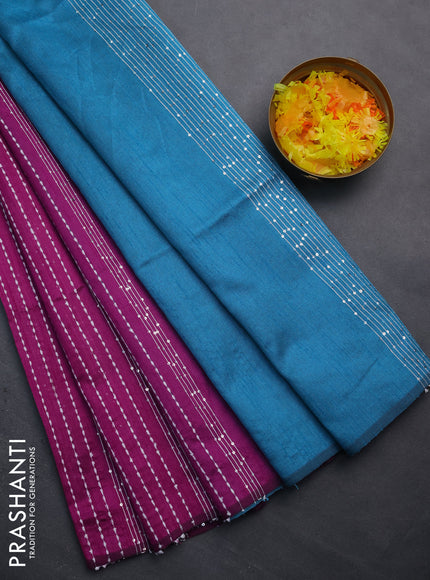 Semi dupion saree purple and teal blue with allover thread & sequin weaves and sequin work pallu