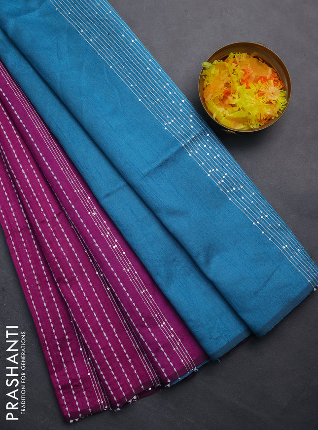 Semi dupion saree purple and teal blue with allover thread & sequin weaves and sequin work pallu